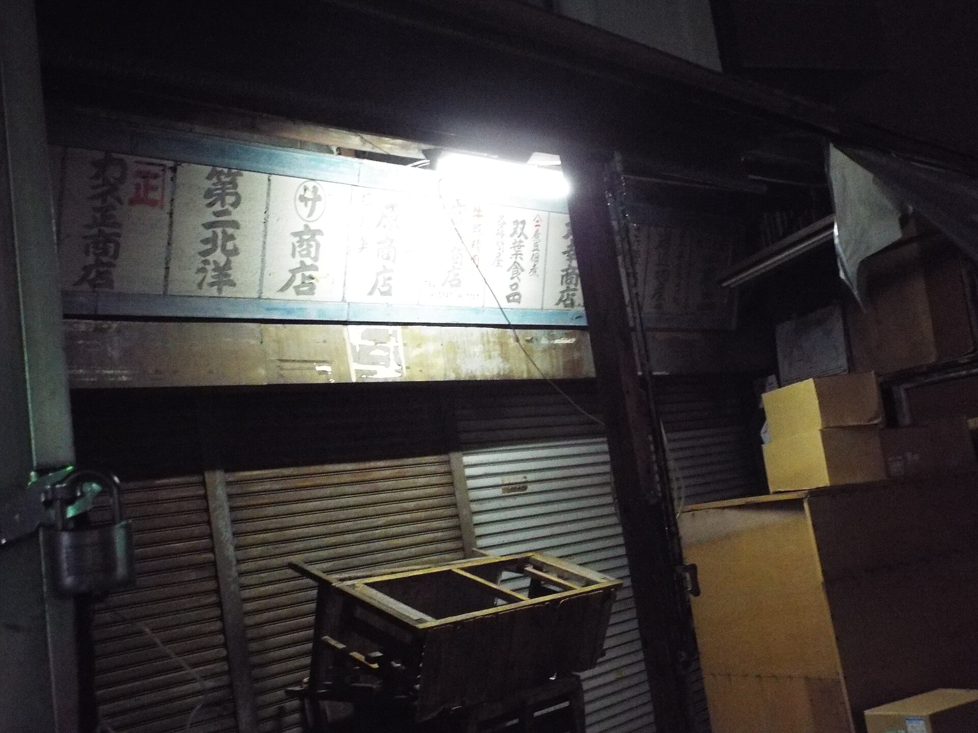 筑地场外市场夜晚的店铺，已经打烊关门。
