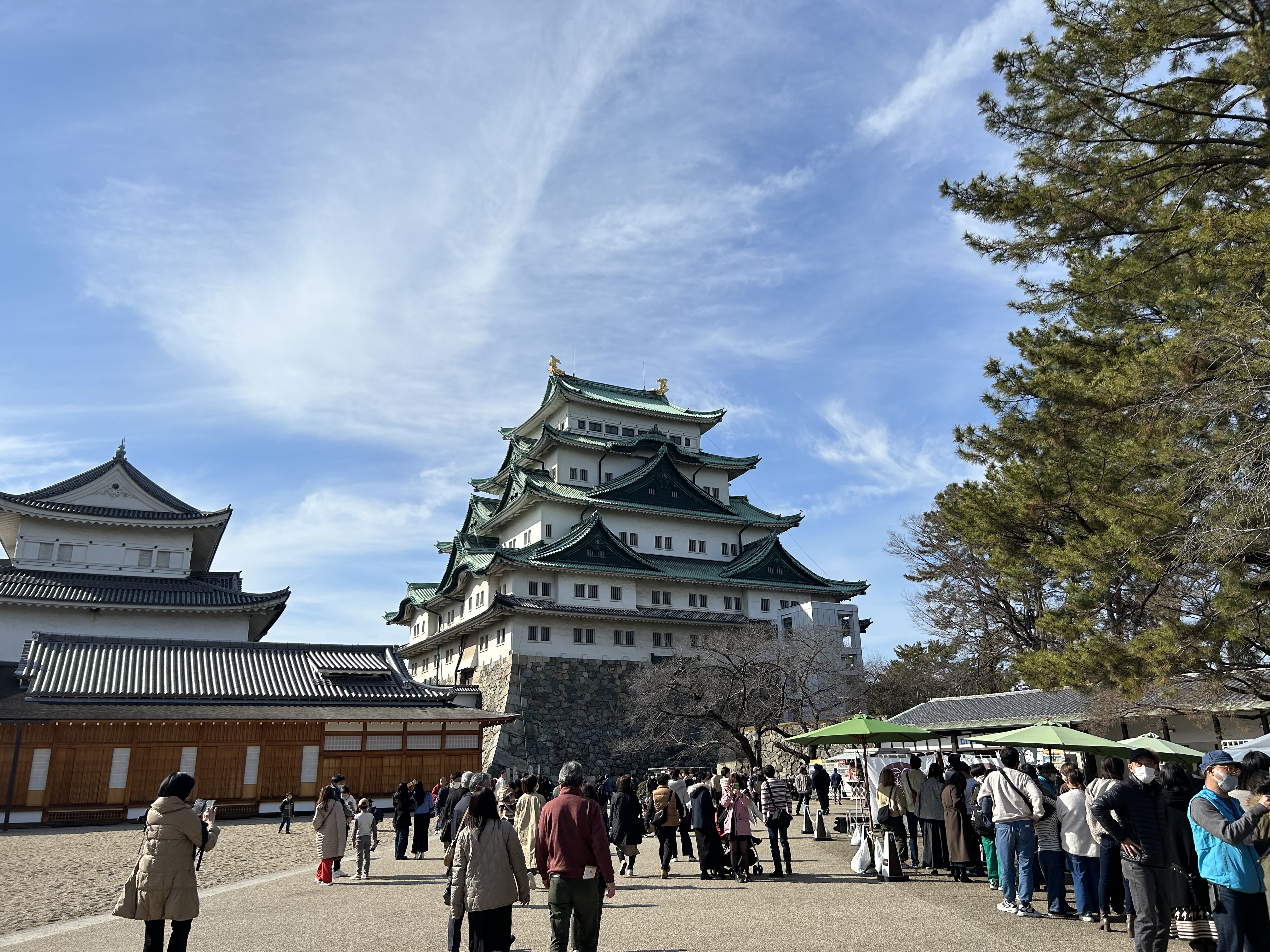 名古屋城天守、庭院与排队游客。