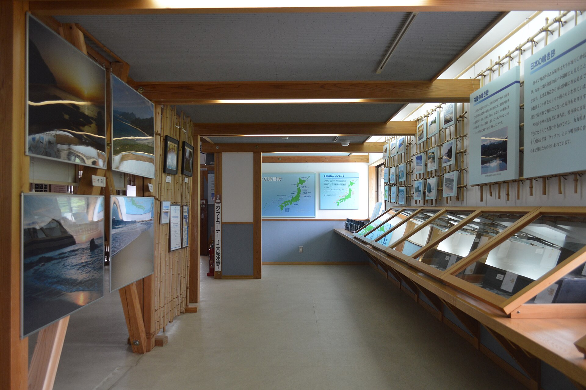 琴引滨鸣砂文化馆狭长的展厅内，右侧排列着倾斜的木框玻璃展柜，上方墙面挂着蓝色的鸣砂说明板。